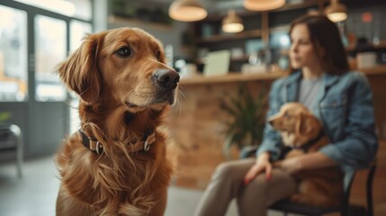 The owner of a small dog was sitting in the waiting room of a veterinary clinic, the veterinarian was examining his health.