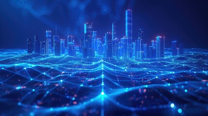 Futuristic Wireframe Cityscape with Glowing Network Lines and Clear Sky for Text Space