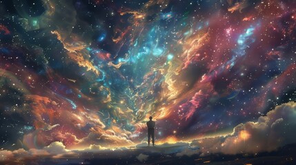 Obraz premium Man standing on a distant planet gazes at a beautiful nebula in awe