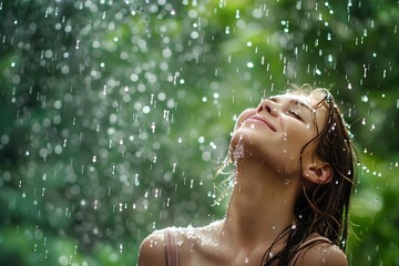 Obraz premium Woman feeling good and free under the summer rain