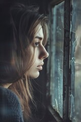 Fototapeta premium Woman Depressed. Sad girl looking out of window