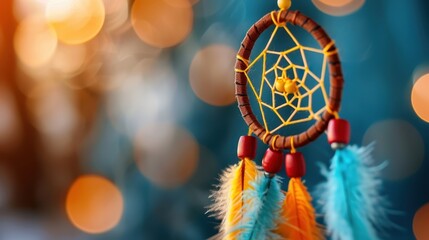 A vibrant and artistic photo capturing a colorful dreamcatcher with bright feathers, set against a soft, out-of-focus bokeh background, creating a mesmerizing effect.