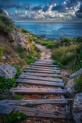 Obraz premium watching the sea from a wooden pathway