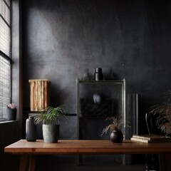 An elegant office interior with a small ficus plant on the desk and a desk lamp casting a gentle light, creating a soothing atmosphere.