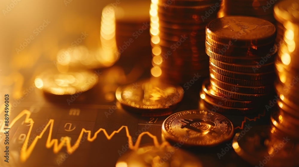 Poster a stack of gold coins on a table with a graph in the background. the coins are arranged in a pyramid