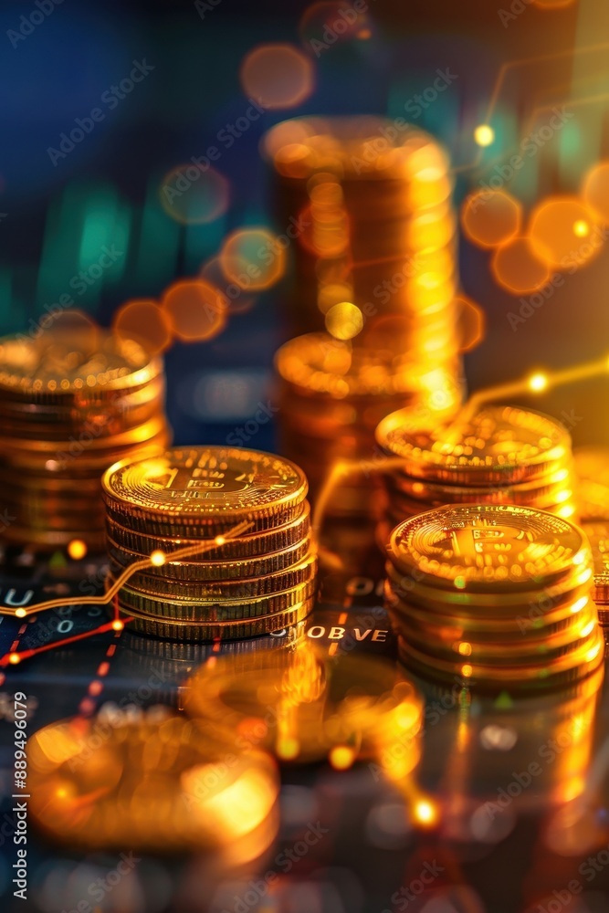 Poster a stack of gold coins on a table with a graph in the background. the coins are arranged in a pyramid