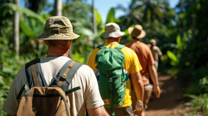 Fototapeta premium A group of hikers makes their way through a dense forest filled with lush greenery, embodying the spirit of adventure, exploration, and connection with the natural world.