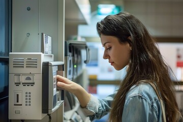 Young woman scanning fingerprint on alarm system indoor