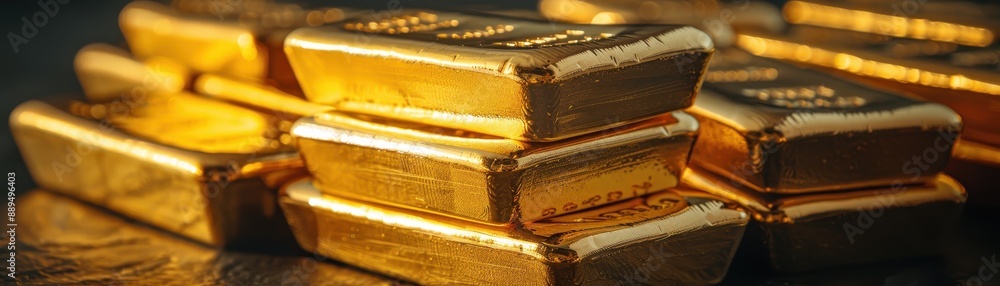 Poster a stack of gold bars on a table. the bars are stacked on top of each other and are shiny