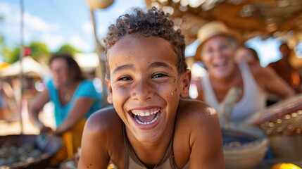 Fototapeta premium A young child with curly hair smiles joyfully, leaning on a table at a lively outdoor summer market with people and stalls in the background.