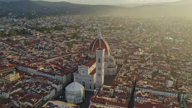 Aerial view of iconic Cathedral Santa Maria del Fiore at sunrise, Florence, Italy.