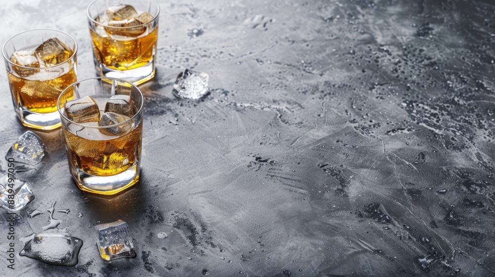 Poster scotch on ice in two glasses on gray stone background with space for text