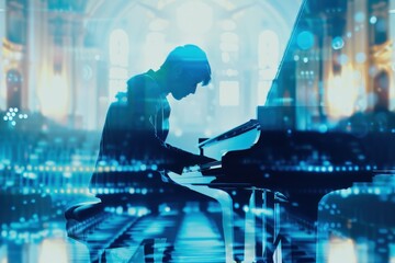 A silhouette of a pianist playing the piano with a city lights overlay The music is flowing through the city