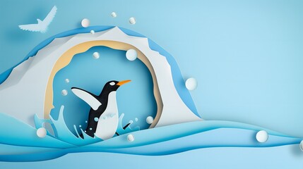 19. "A vibrant paper cut scene of a playful penguin sliding on ice, with a cool icy blue background