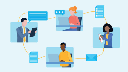 Online team meeting of four employees. Two women and two men. Next to the characters there are speech bubbles, an email envelope, a document with a checklist, and a document with a magnifying glass.