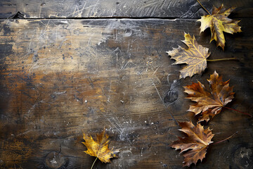 Fototapeta premium Vibrant Autumn Leaves on Rustic Wooden Background: Seasonal Fall Nature Scenery with Colorful Foliage and Copy Space for Creative Designs and Decorative Use