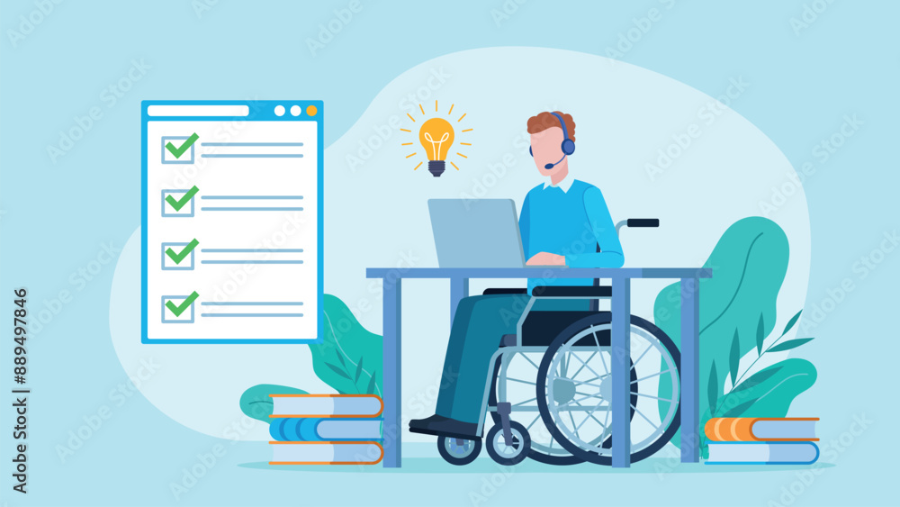 Fototapete An employee in a wheelchair writes on a laptop with a light bulb in it. A website appears in the background with a completed checklist. The checklist is completed correctly. Flat design vector.