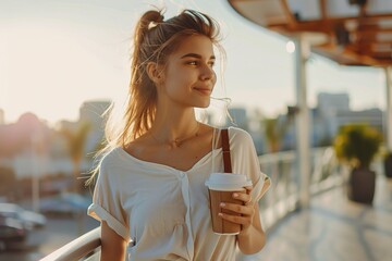 Young woman with cup of coffee walking outdoors