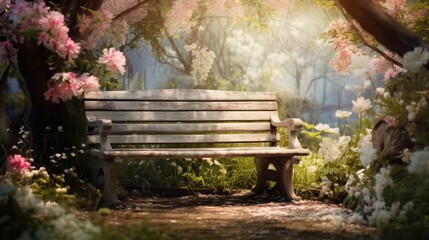 A weathered wooden bench in a blooming garden, illustrating beauty in age and use close up, beauty theme, ethereal, blend mode, tranquil garden