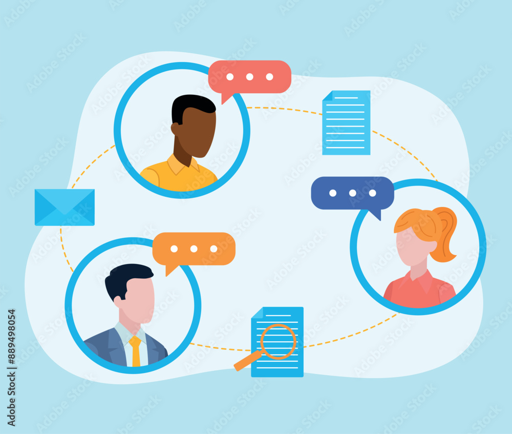 Poster employee avatars, a woman and two men. next to them there are speech clouds and around them there ar