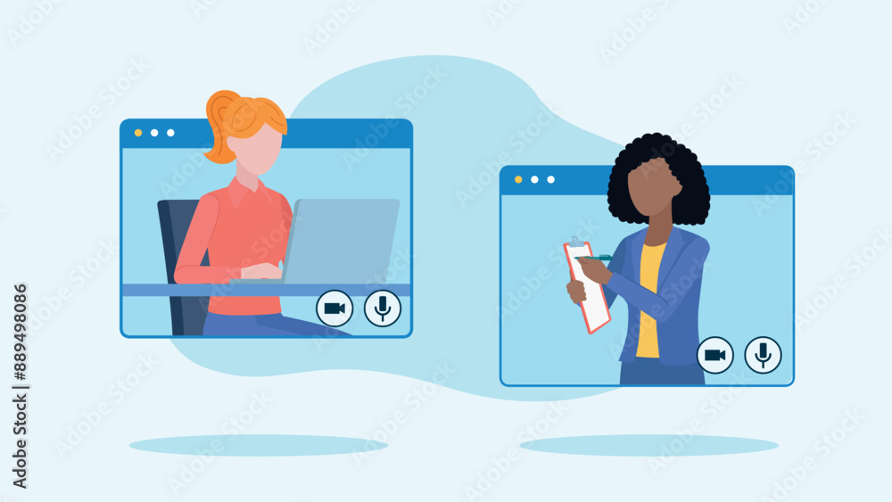 Poster video conversation between two employees. one employee sits at a desk and works on a laptop, the oth