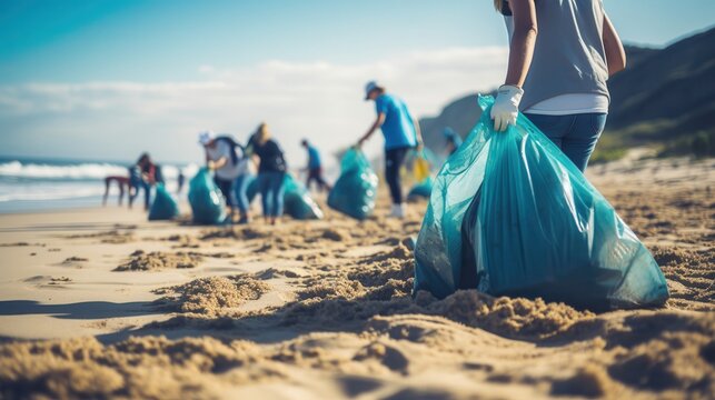 A corporate team participating in a beach cleanup, showcasing corporate social responsibility selective focus, corporate theme, dynamic, composite, sandy beach