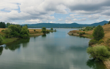 Scenic panorama of Lake Cecita in the Sila mountains in Calabria in summer