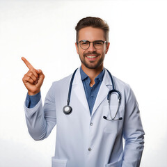 Medico señalando a la izquierda alegre