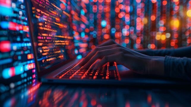 Coding programmer, software engineer working on laptop, digital technology, software development, agile methodology concept.