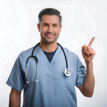 Medico alegre se&ntilde;alando a la derecha sobre fondo blanco