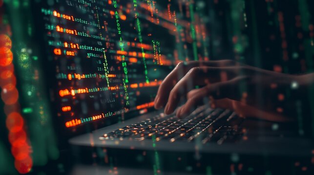 Coding programmer, software engineer working on laptop, digital technology, software development, agile methodology concept.