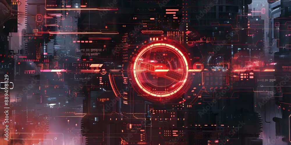 Poster glowing red target circle on futuristic motherboard with red circuit lines