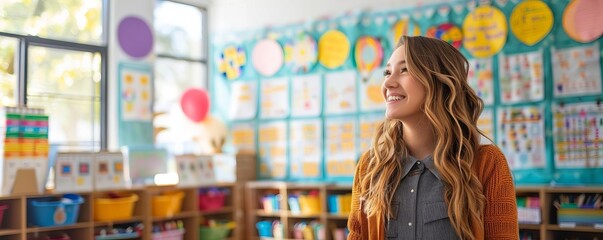 Teacher decorating a classroom with educational posters, Teacher, creative and organized