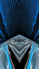 Against a black background and on  tall format , futuristic bright blue and shades of grey pointed design