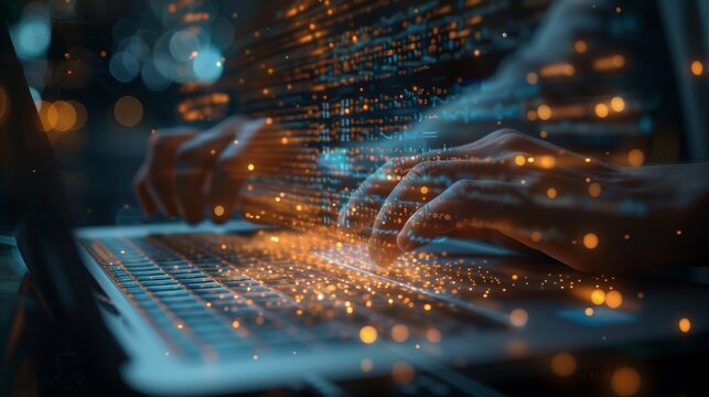 Coding programmer, software engineer working on laptop, digital technology, software development, agile methodology concept.
