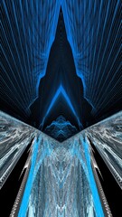 Against a black background and on  tall format , futuristic bright blue and shades of grey pointed design