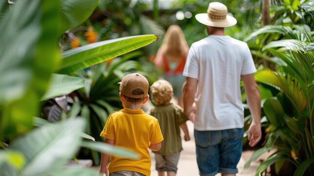 A family with children is seen walking along a pathway amidst lush greenery and exotic plants in a serene garden environment, emphasizing nature and family togetherness.