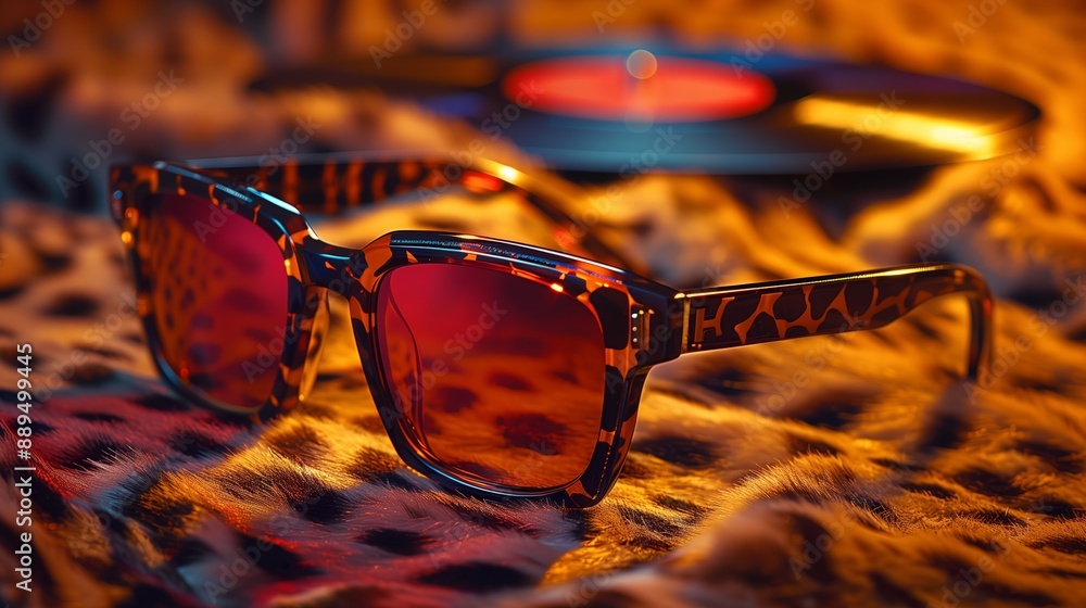 Sticker Tortoise Shell Sunglasses Resting on Leopard Print Fabric With Defocused Turntable in the Background