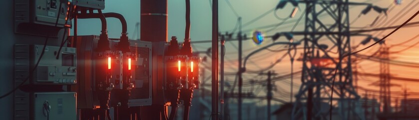 A cityscape with a lot of electrical wires and lights. Scene is somewhat eerie and mysterious