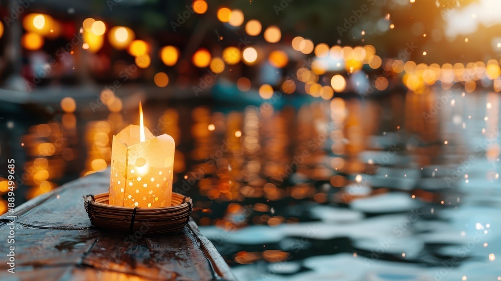 Aufkleber a single candle is lit and placed in a basket floating on calm water, surrounded by the soft and war