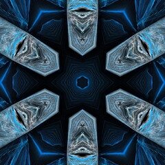 Against a black background and on  tall format , futuristic bright blue and shades of grey pointed design