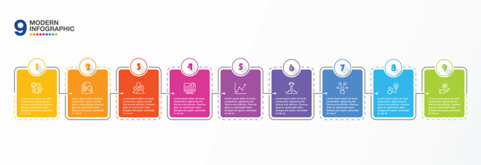 Infographic process design with icons and 9 options or steps.