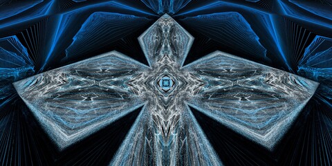 Against a black background and on  tall format , futuristic bright blue and shades of grey pointed design