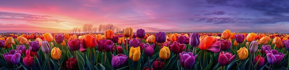 Colorful Tulip Field At Sunset