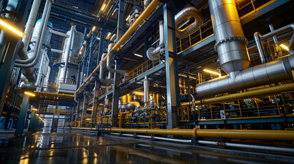Modern industrial facility interior showcasing complex piping and machinery with vibrant lighting and clean design.