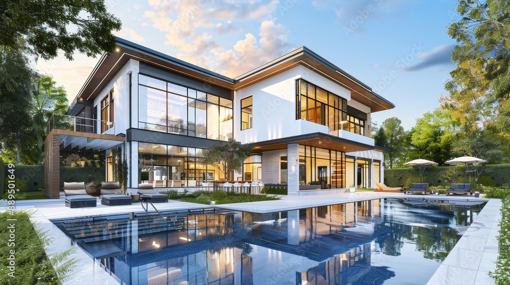 Poster luxurious modern mansion with pool - 3d rendering of upscale contemporary architecture featuring spa