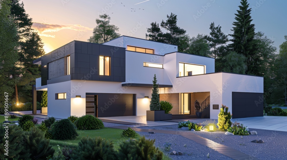 Poster 3d rendering of modern house with cubic extension and garage - contemporary architectural design fea