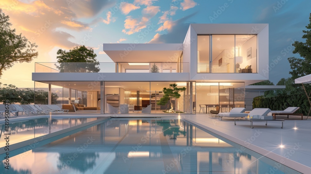 Poster luxurious modern mansion with pool - 3d rendering of upscale contemporary architecture featuring spa