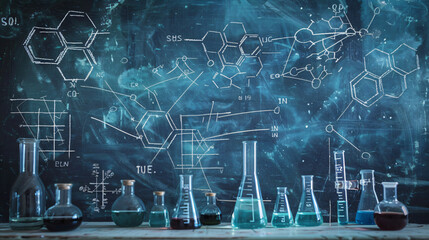 Various laboratory glassware placed in front of a chalkboard with scientific formulas, representing chemistry and scientific research.