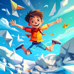 Cartoon of a boy jump. origami paper style